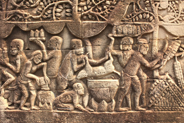 Wall carving of Prasat Bayon Temple, Angkor Wat complex, Siem Reap, Cambodia