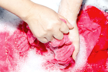 Fototapeta premium Woman washing clothes by hand with detergent in plastic bowl
