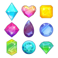 Different gemstones. Brilliants and diamonds in cartoon style. Vector illustrations for game design projects
