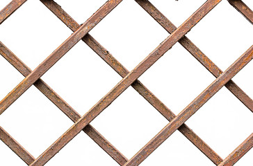 Close up old rusty brown metal fence pattern on white background.