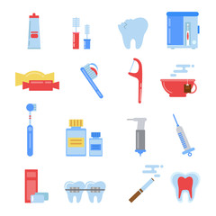 Healthcare illustrations in flat style. Dental different icons set. Tooth, mouth and other specific pictures