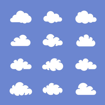 Cloud icons on blue sky. Vector icon set of clouds.