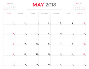 May 2018. Calendar planner design template. Week starts on Sunday. Stationery design