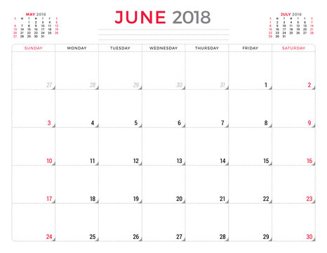 June 2018. Calendar planner design template. Week starts on Sunday. Stationery design