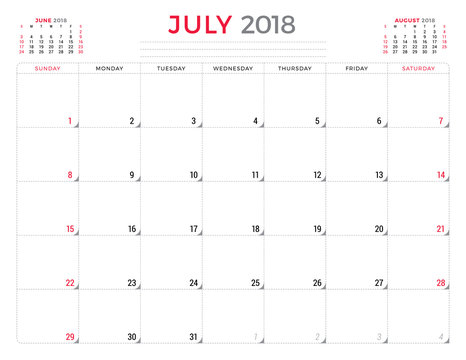 July 2018. Calendar planner design template. Week starts on Sunday. Stationery design