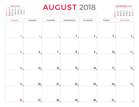 August 2018. Calendar planner design template. Week starts on Sunday. Stationery design