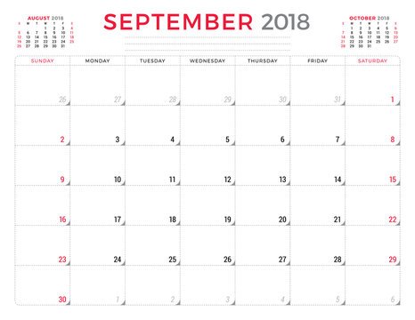 September 2018. Calendar planner design template. Week starts on Sunday. Stationery design
