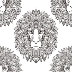 Lion seamless pattern. Graphic in black and white colors.  Stock vector illustration.
