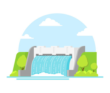 Cartoon Hydroelectric Station on a Landscape Background. Vector