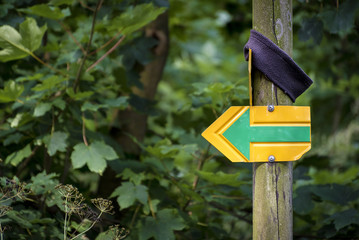 Yellow-green tourist arrow on pole with tourist head