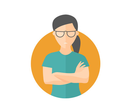 Sullen and gloomy pretty girl in glasses, offended woman. Flat design icon. Morose, moody emotion. Simply editable isolated on white vector sign