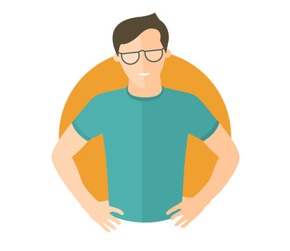 Resolute handsome man in glasses. Lets do it concept. Flat design icon. Decisive boy with arms akimbo. Simply editable isolated vector illustration