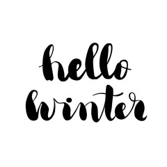 Hello winter - hand drawn black brush pen lettering isolated on white background, photo overlay, vector design element.