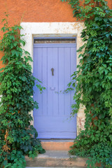 Provence style violet wooden door with vine leaves
