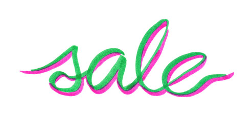 Word "sale" painted in bright neon felt highlighter pen on clean white background