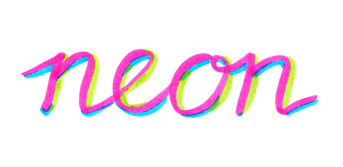 Hand written word "neon" painted in bright neon felt highlighter pen on clean white background