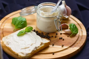 Poster Meat pate in glass jar served with slice of bread © nannycz