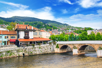 View of the Latin bridge, one of the oldest bridges of Bosnia and Herzegovina, runs through the...