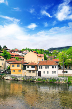 View of the architecture and embankment of the Milyacki River in the historical center of Sarajevo, Bosnia and Herzegovina
