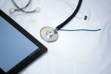 Blood Pressure Meter, Digital Tablet, Electrocardiogram And Stethoscope