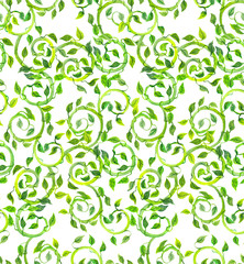 Seamless textile pattern with green leaves, scrolls. Watercolor