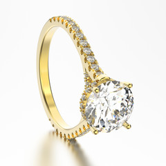 3D illustration yellow gold classic ring with diamonds