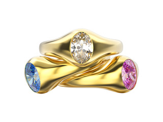 3D illustration three yellow gold diamonds rings with pink blue white diamonds