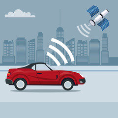 blue silhouette city landscape background of sport convertible vehicle in the street with wireless sygnal satellite search