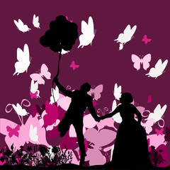 silhouette of the bride and groom on a colorful background