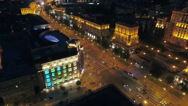 4k Aerial drone footage. Fly over night Kiev. Central street.