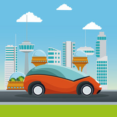 colorful scene futuristic city metropolis with small orange car vehicle