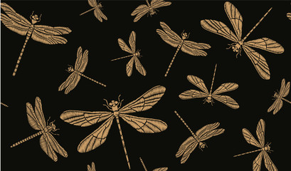 Golden dragonflies. Vector seamless pattern. Embroidery for clothes, textiles, wallpapers, background design
