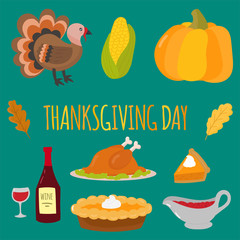 Happy thanksgiving day symbols design holiday objects fresh food harvest autumn season vector illustration