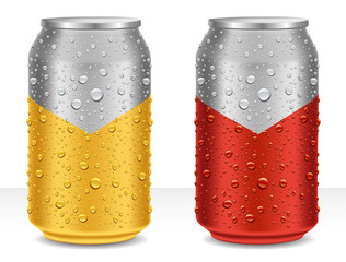 Aluminum Tin Cans in golden and red with many water drops