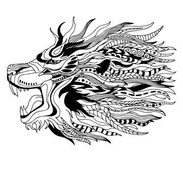 Black white lion head, zen art style, tattoo design