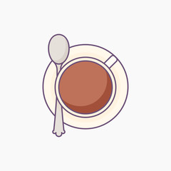 Cup of coffee or tea on sauser with spoon - top view.