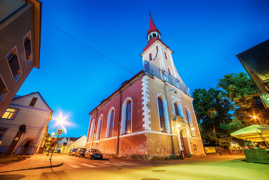 Parnu, Estonia, Baltic States: the old town and St. Elizabeth&rsquo;s Church at night
