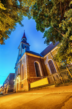 Parnu, Estonia, Baltic States: the old town and St. Elizabeth&rsquo;s Church at night
