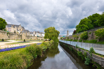 Fototapeta premium Walking on the narrow streets of Vannes in a gloomy day, viewing Ramparts Garden, Gaillard Castle, Saint Peters and Saint Paterne Cathedral, Commune Morbihan, Brittany in Northwestern France