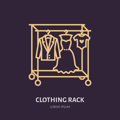 Wedding dress, men suit, kids clothes on hanger icon, clothing rack line logo. Flat sign for apparel collection. Logotype for laundry shop, dry cleaning, retail store.