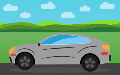 Fototapeta na wymiar Gray sports car in the background of nature landscape in the daytime. Vector illustration. 