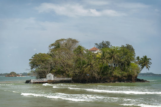 Small island  in the sea with villa among the palms.