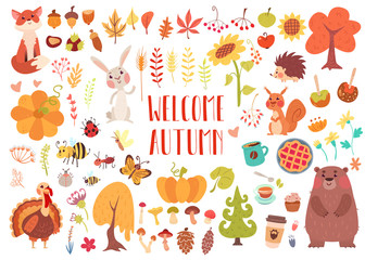 Cute animals and plants set