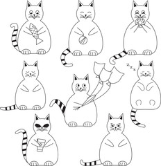 Vector set of funny, fat and white cats.