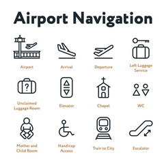 Airport Navigation Wayfinding Minimal Flat Line Outline Stroke Icon Set. Arrival, Departure, Elevator, Escalator, Chapel, Mother and Child Room.