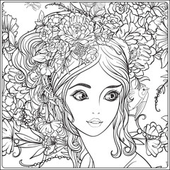 A young beautiful girl with a wreath of flowers on her head. Against the background of a flower pattern. Outline hand drawing coloring page for adult coloring book.