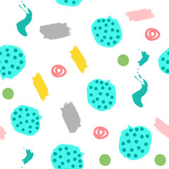 Abstract seamless pattern with brush strokes, scribbles, round spots and dots. Sketch, ink, watercolor. White, blue, green, pink, yellow, gray color.