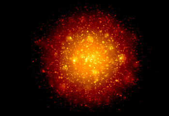 Dark Gold sparkle rays lights bokeh elegant abstract background. Dust sparks in explosion on black background.