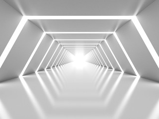 Abstract background with symmetric white shining tunnel interior - obrazy, fototapety, plakaty