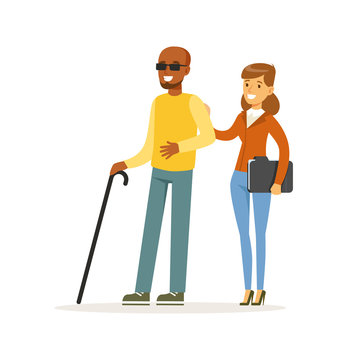 Young smiling female volunteer helping and supporting blind man, healthcare assistance and accessibility colorful vector Illustration